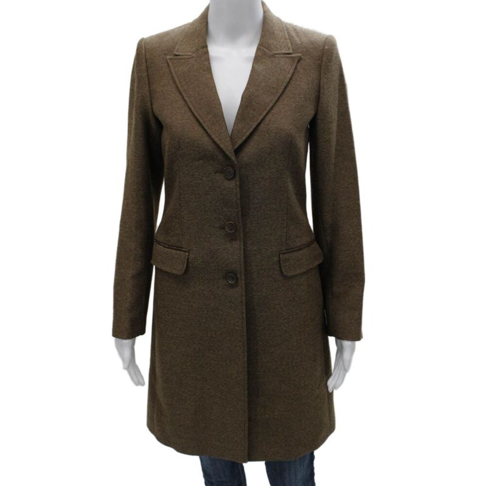Hennes Womens Brown Herringbone Overcoat Button Long Sleeve Polyester Size 34